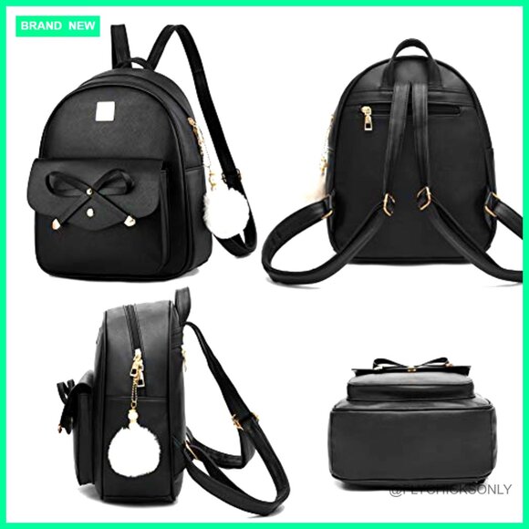 PU Leather Adjustable Backpack with Bow Detailing, 5 Pockets 